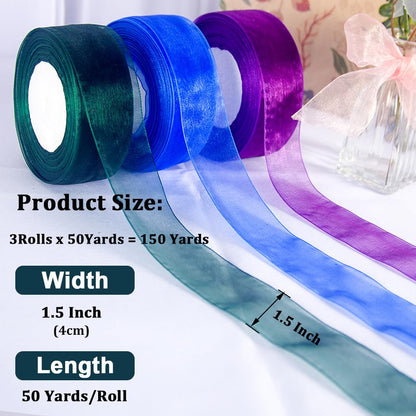 CHHEART Sheer Organza Tulle Ribbon Set 3 Roll Clear Ribbon 1.5 Inch x 50 Yard Blackish Green Organza Ribbons for Gift Wrapping, Wedding, Christmas Tree, Flower Bouquets, Wreaths, Crafts