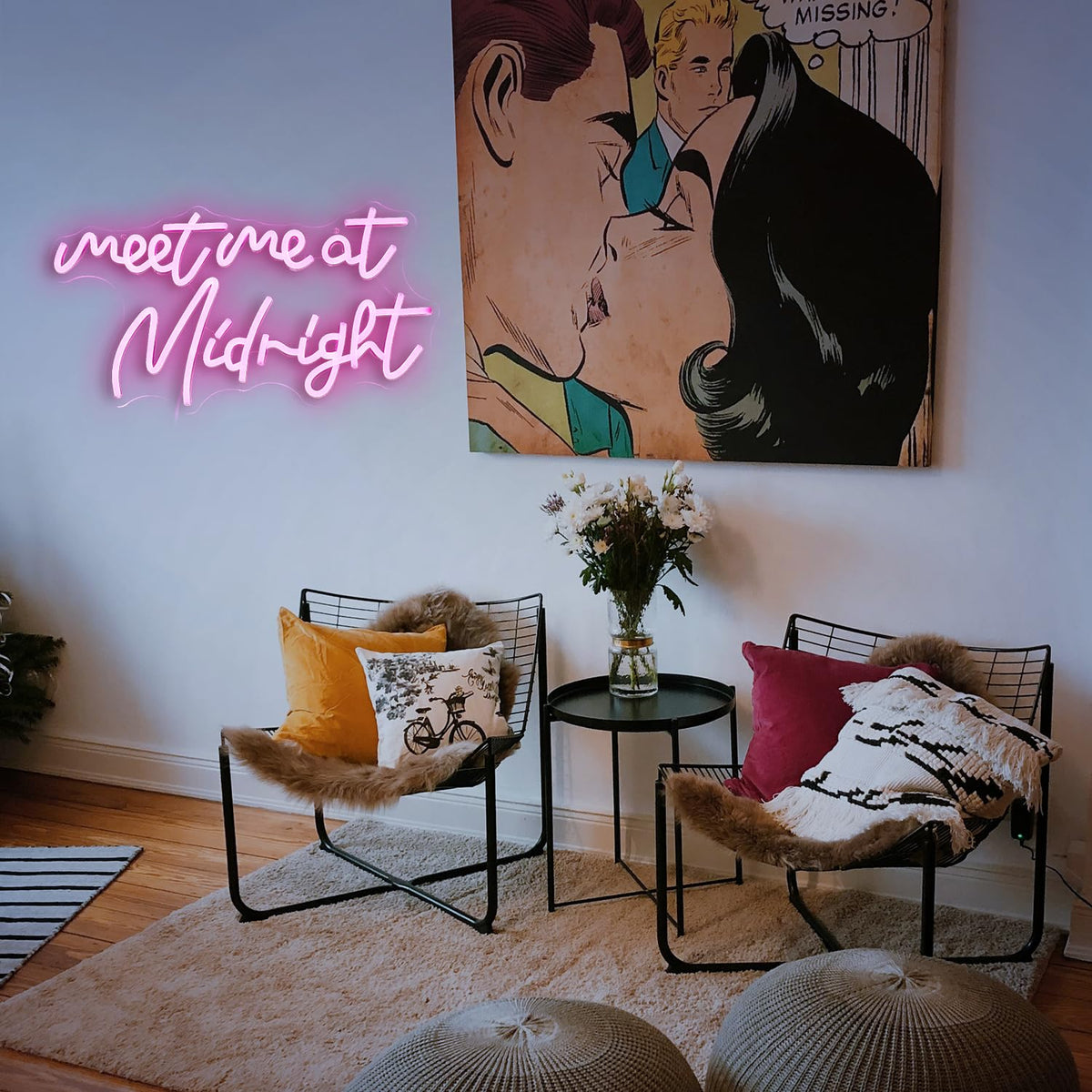 Dimmable Meet Me At Midnight Neon Sign LED Pink Words Neon Light For Wall Decor USB Powered Letters Light Up Sign for Bedroom Party Bar man cave (16.5“*8.7”）