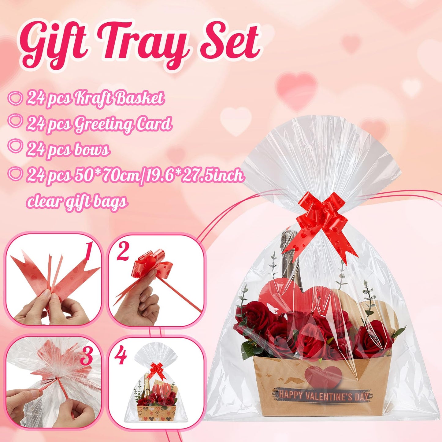 Kolldenn 24 Set Valentine's Day Empty Gift Basket to Fill Kraft Red Heart Bouquet Box with Handles Pull Bows Cellophane Bags and Card for Valentine Party Favor Supplies, 9.8 x 6.5 Inch