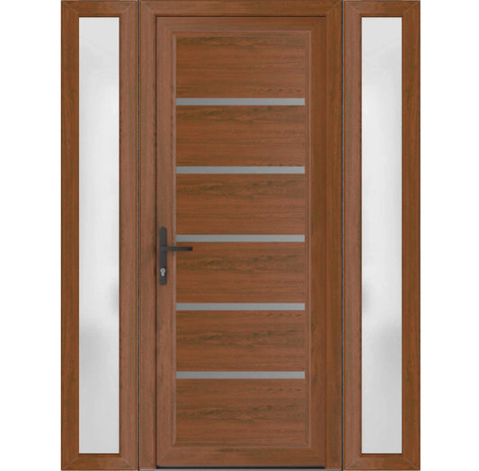 VDOMDOORS Front Exterior Prehung Metal-Plastic Door | Manux 8415 Walnut | 2 Side Sidelite Transoms | Residential Doors Entrance Patio Garage 56 x 80 (W12+32+12 x H80) Right-Inswing