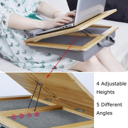 SUMISKY Adjustable Lap Desk-Portable Laptop Stand with Cushion, Bamboo Platform with Phone Holder, Wrist Pad Fits up to 15.6 Inch Laptops