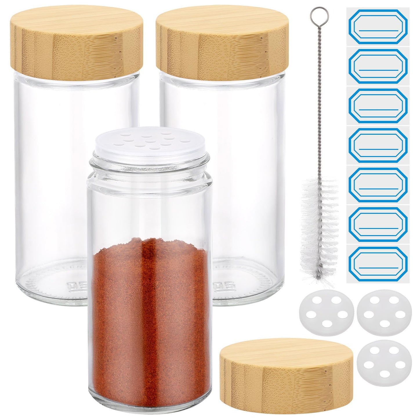 Segarty 3oz Round Spice Containers with Bamboo Shaker Lids, 3 PCS 90ml Spices Jars, Empty Glass Seasonings Organizers for Condiment Herb Storage, Small Salt and Pepper Shakers with 7 Stickers, 1 Brush