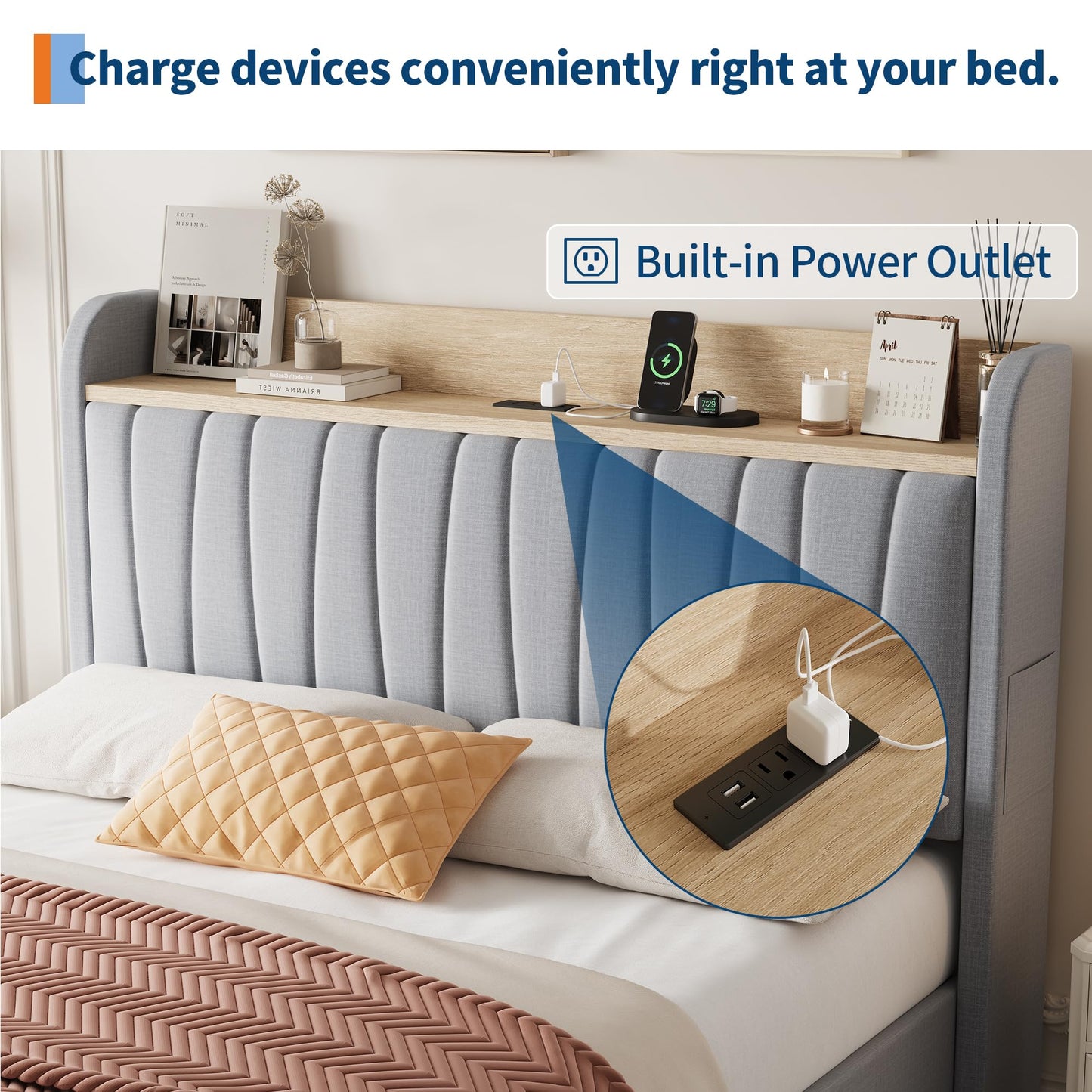 Jojoka Full Size Bed Frame, Upholstered Bedframe with Storage Headboard, Heavy Duty Full Bed with Drawers, Platform Base with Charging Station, Grey