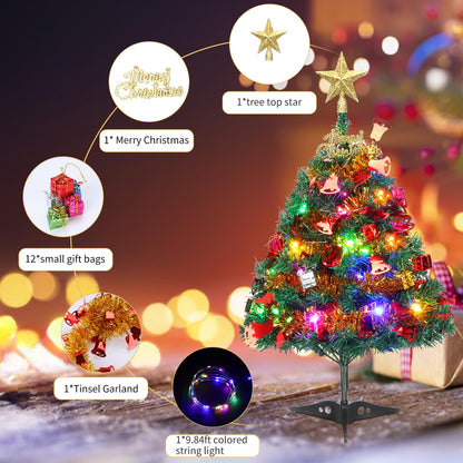 Mini Christmas Tree, 2ft Tabletop Small Christmas Tree with Lights, Hanging Ornaments and Star Treetop, Xmas Decoration Tree Decor