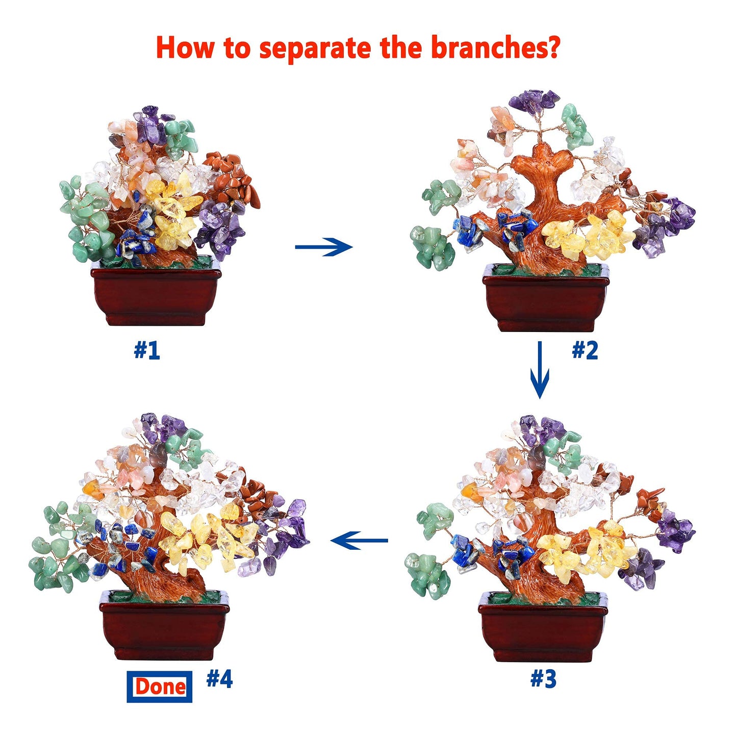 Jovivi Natural 7 Chakra Gemstone Crystal Money Tree Resin Base Bonsai Feng Shui Decorations for Wealth and Luck 6.3"-6.7"