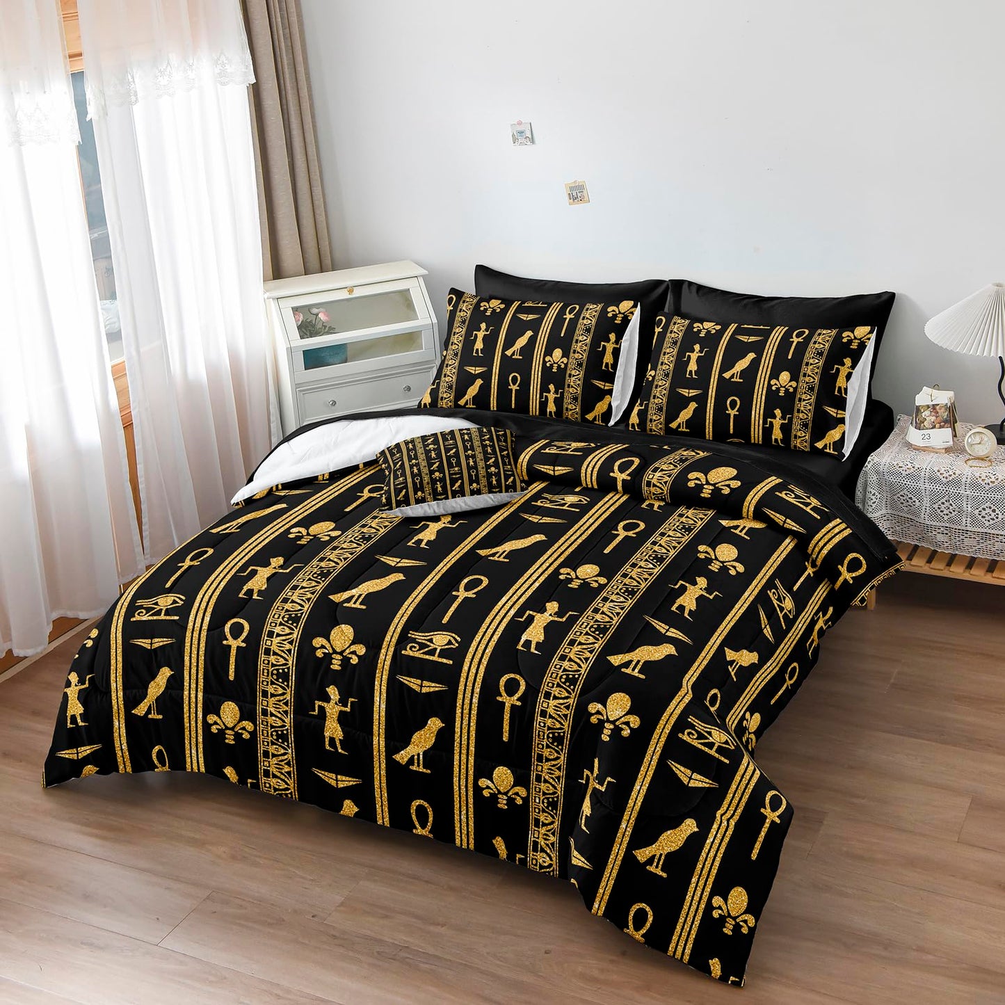 Black Gold Queen Bedding Set - Ancient Egyptian Vintage Pharaoh Pyramid Pattern Boho Tribal Comforter Sheet Set with 1 Cushion Cover (Queen, Black)