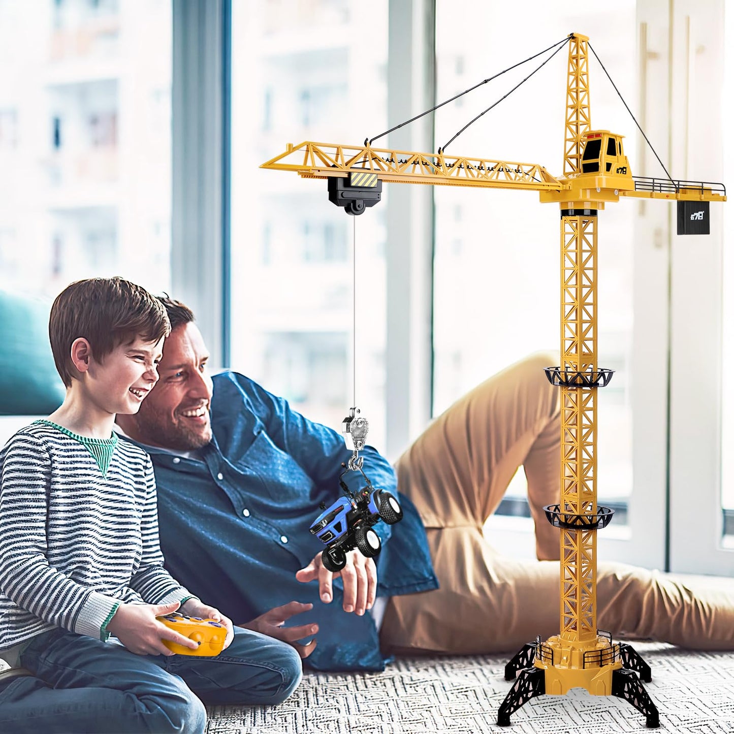 deAO Remote Control Crane Toy for Kids, 2.4G RC Construction Vehicle with Sound and Lights, Electric Crane Tower Toy with 680° Rotation & Adjustable Height for Boys Girls Ages 3+