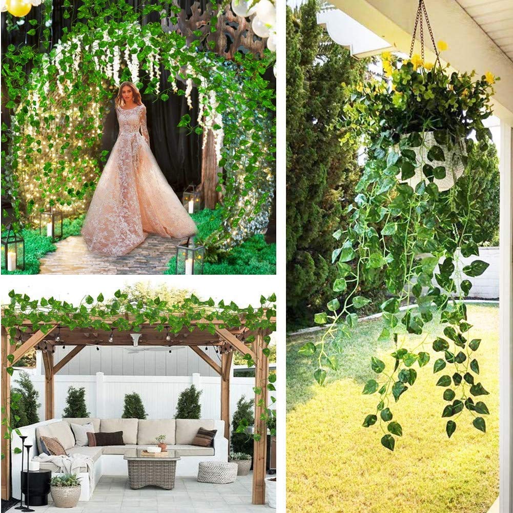 Artificial Ivy Garland, 12 Pack 84 Feet Fake Ivy Hanging Vines, Green Leaves Fake Plants for Wedding, Party, Garden, Office, Bedroom Decoration(Scindapsus Leaves)