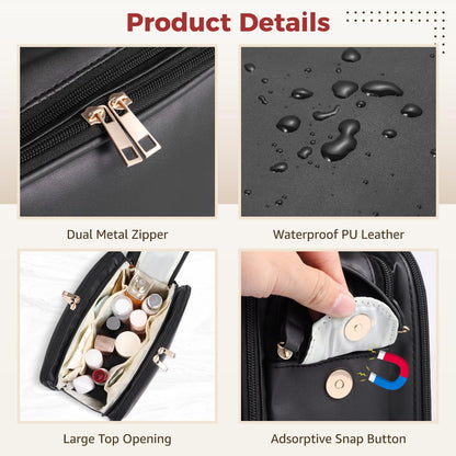 DORMIYA Black Travel Makeup Bag for Women - Large Capacity Cosmetic Organizer, Multi-Layer Toiletry Bag with Handle, Waterproof PU Leather Portable Makeup Zippered Case with Standing Brush Holder