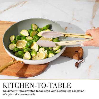 7-Piece Beige & Gold Kitchen Utensils Set – Non-Toxic Silicone & Stainless Steel Tools for Cooking, Serving, & Hosting – Ideal for Nonstick Cookware & Modern Kitchens, with Gold Utensil Holder