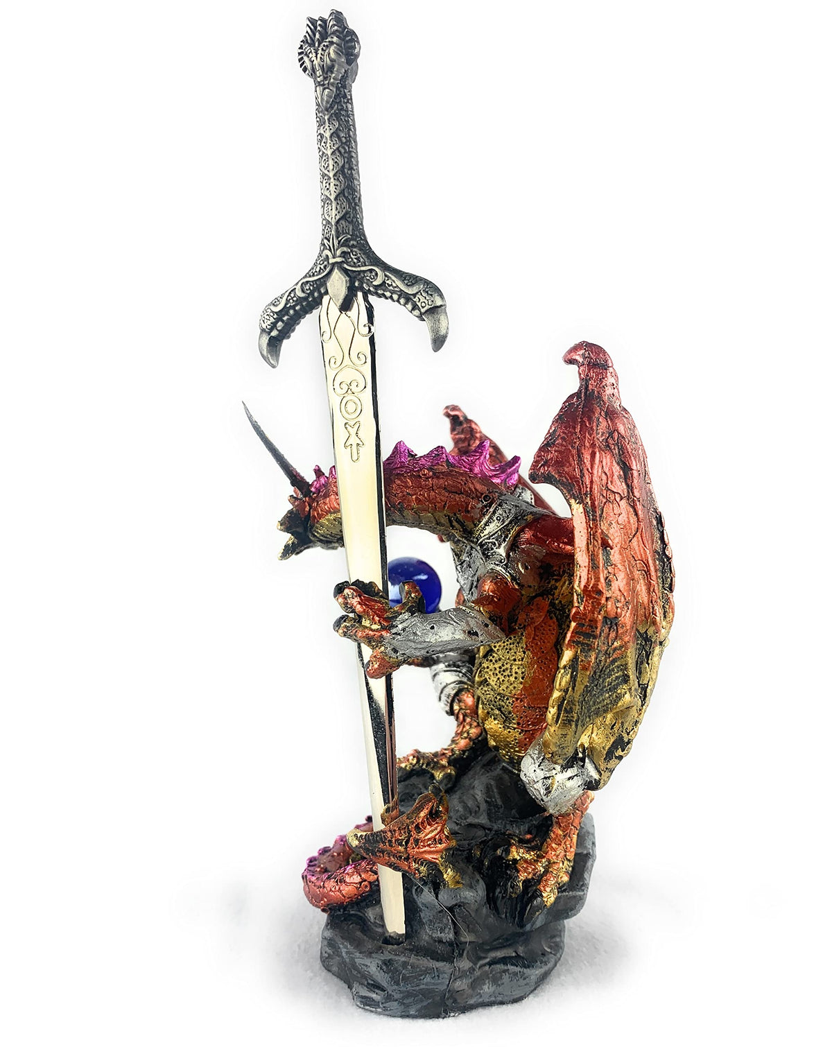 Ain't It Nice Dragon Statue with Medieval Sword and Crystal Ball - Collectible Dragon Figurine, Red - 4(L) 3.5(W) 7(H) inches