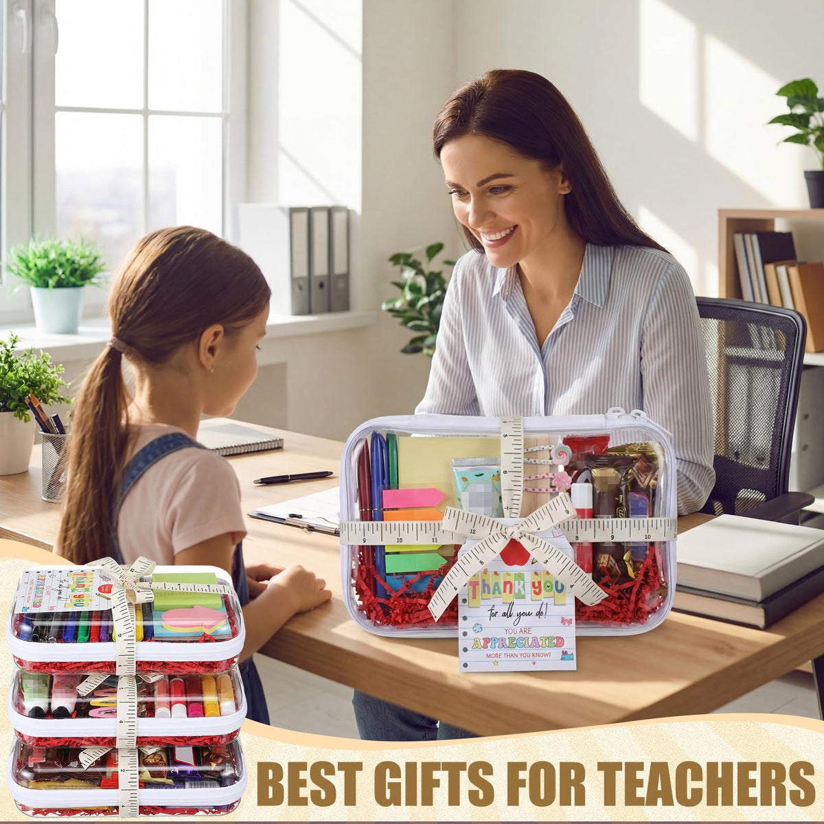 Pickmesh 6 Sets Teacher Appreciation Gifts Box Clear Hard Shell Zipper Case with Thank You Cards and Ruler Ribbon Paper Shred Filler for Gift Wrapping Teacher Appreciation Week Graduation Present