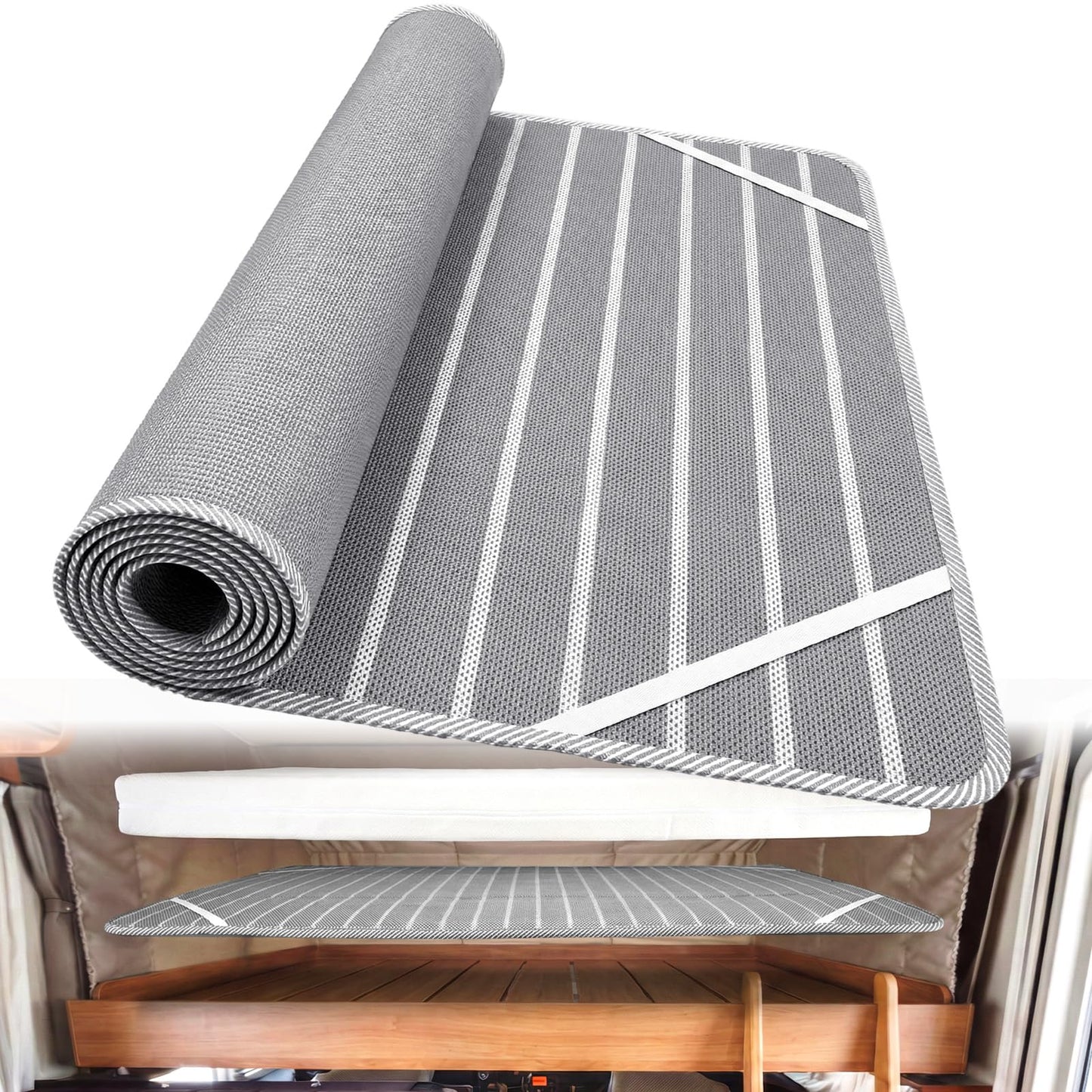 RV Mattress Underlay Moisture Barrier & RV Under Mattress Ventilation, Mattress Support Board with 4 Straps - 3D Grey Stripe Airflow Pad for Camper, Boat (60 * 80 * 0.3")