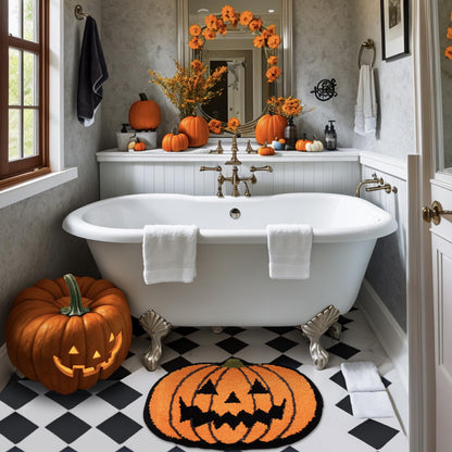 TRUEDAYS Halloween Decor Cute Orange Pumpkin Bath Mat for Bathroom, Pumpkins Halloween Decoration Orange Fun Bathroom Rug Non Slip Cartoon Bath Rug Bathroom Mat Plush Shower Rugs Washable