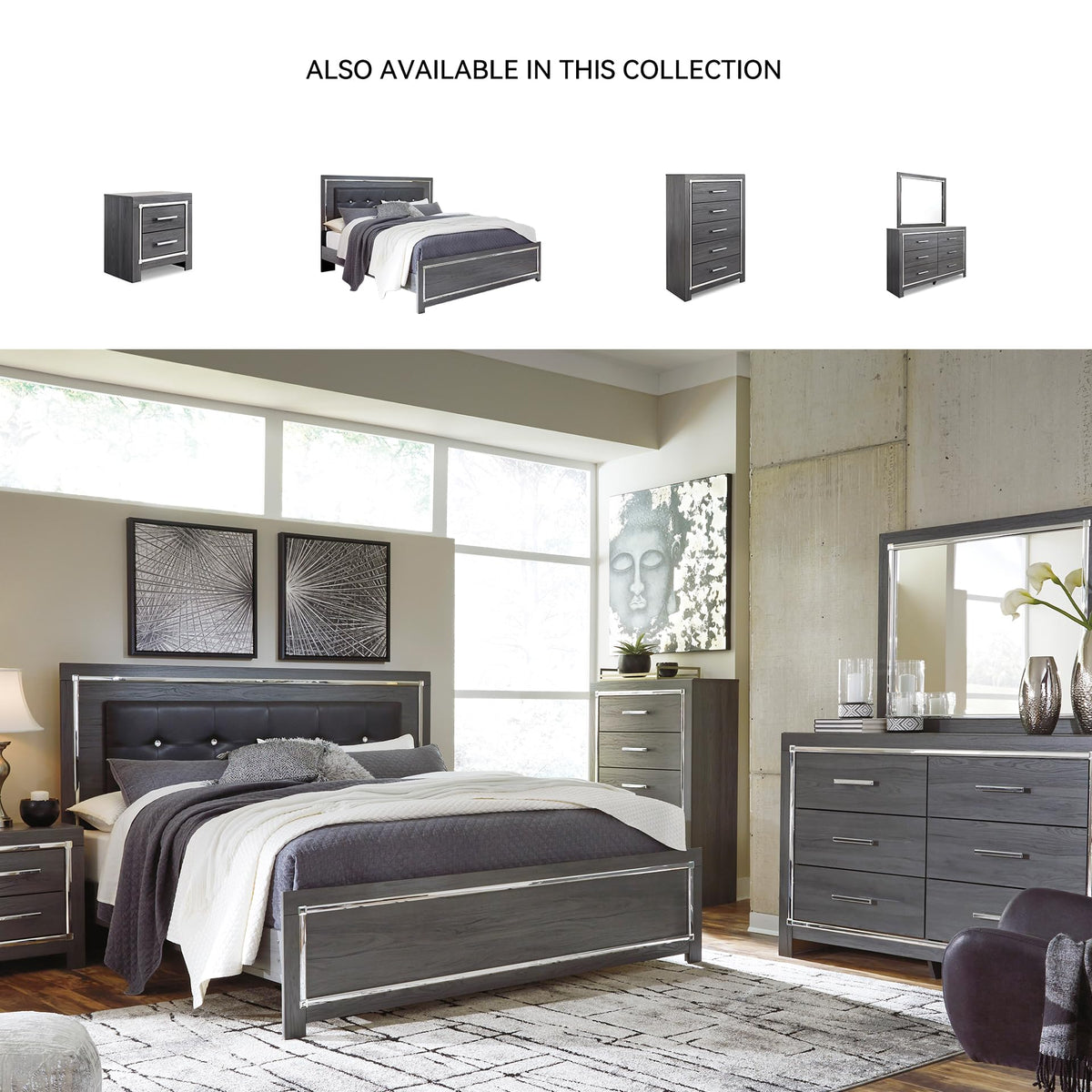 Signature Design by Ashley Lodanna Modern Glam 2 Drawer Nightstand with USB & Wireless Charging Options, 24.41" Tall, Gray Wood Grain