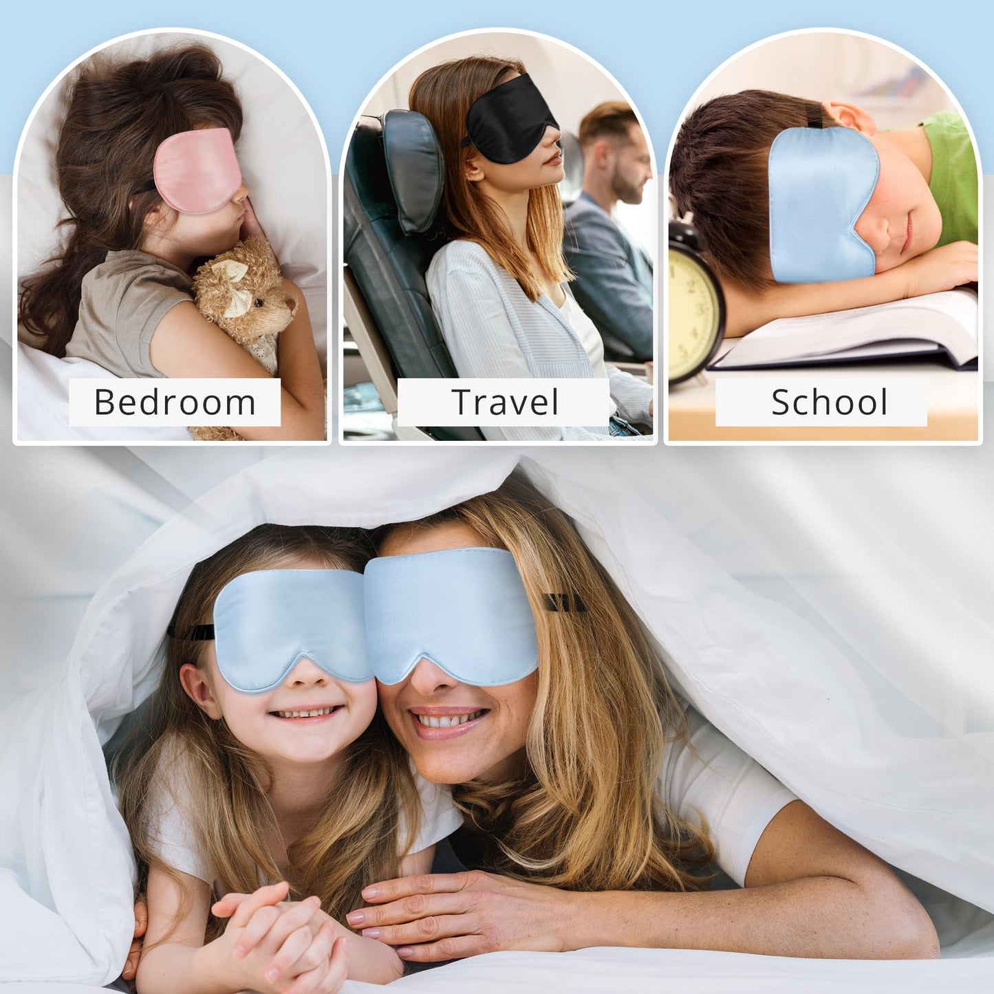 Kids Sleep Mask Eye Cover, 100% Real Natural Pure Silk Eye Mask with Adjustable Strap, Blindfold Kids Eye Mask for Sleeping, Eye Shade for Boys Girls and Adult, Pressure-Free Comfort (Black)