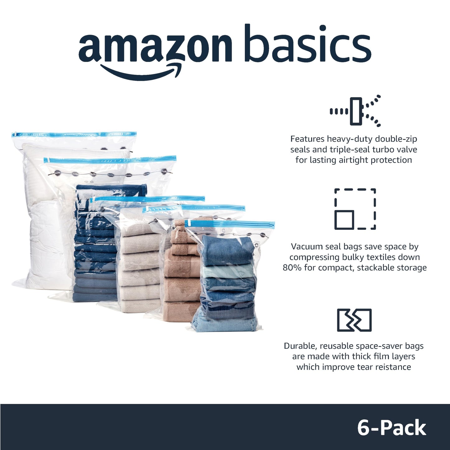 Amazon Basics Vacuum Storage Bags for Clothes, Space Saving Compression Storage Bags with Hand Pump, Heavy Duty, Stackable, Jumbo Size, Clear, 6-Pack