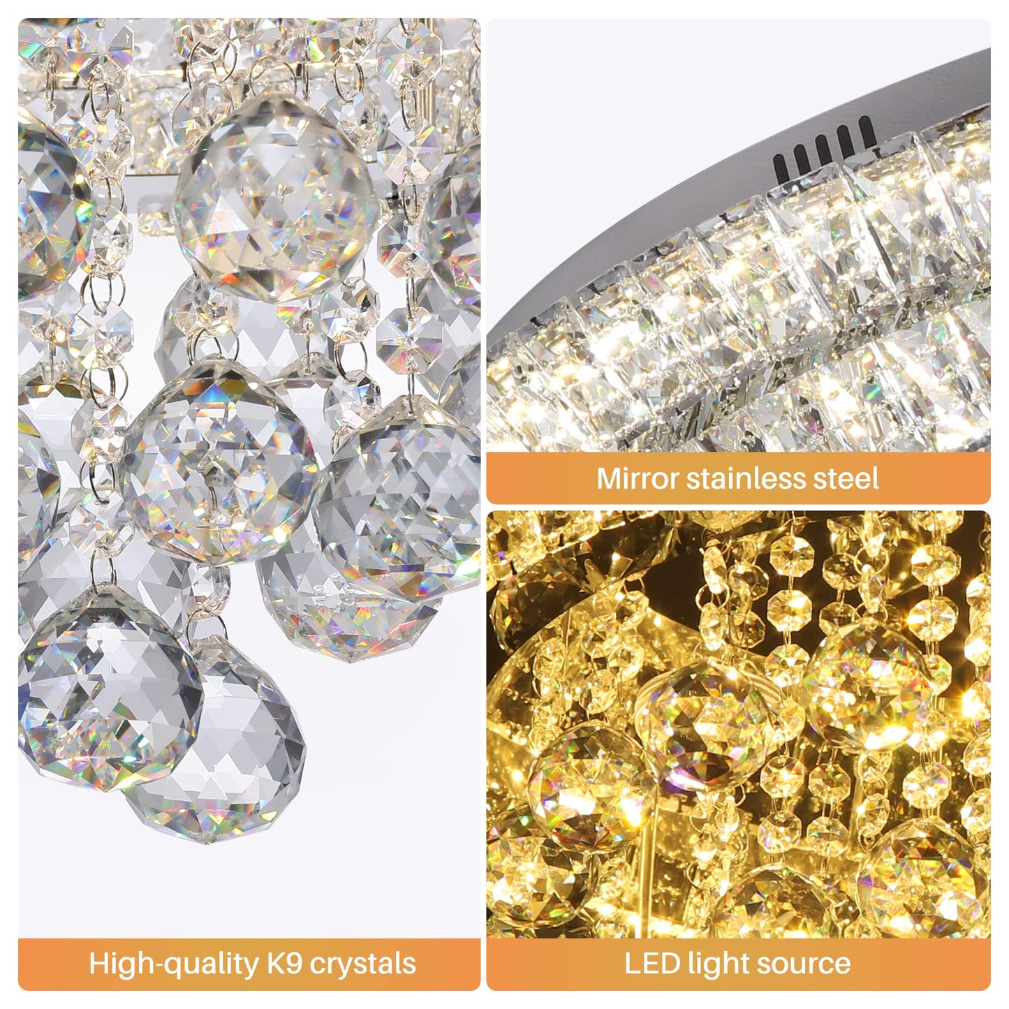 Miuyhji Elegant LED Crystal Raindrop Ceiling Light, 24" Flush Mount Chandelier Light Fixture with Remote Control for Living Room, Kitchen, Island, Bedroom, Hallway Entryway Foyer(Dimmable)