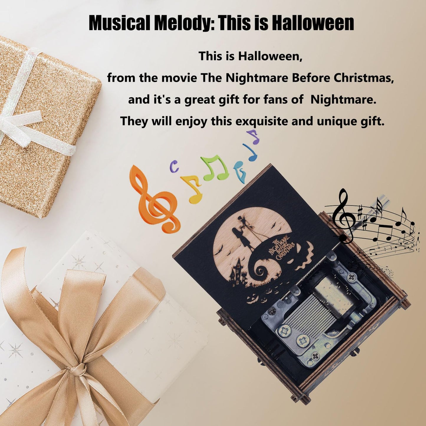Keast Funny Wooden Hand Crank Music Box, Engraving Nightmare Musical Box Melody Plays This is Halloween Home Decor for Halloween Valentine's Day Christmas
