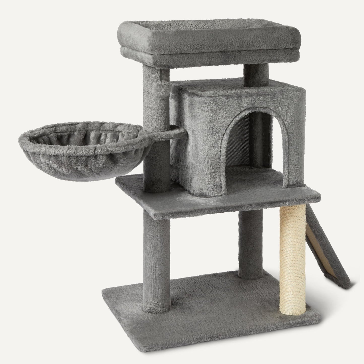 Amazon Basics Indoor Cat & Kittens Multi-Level Climbing Activity Tower with Scratching Posts, 2 Condos, FSC certified, M – 79cm H, Grey
