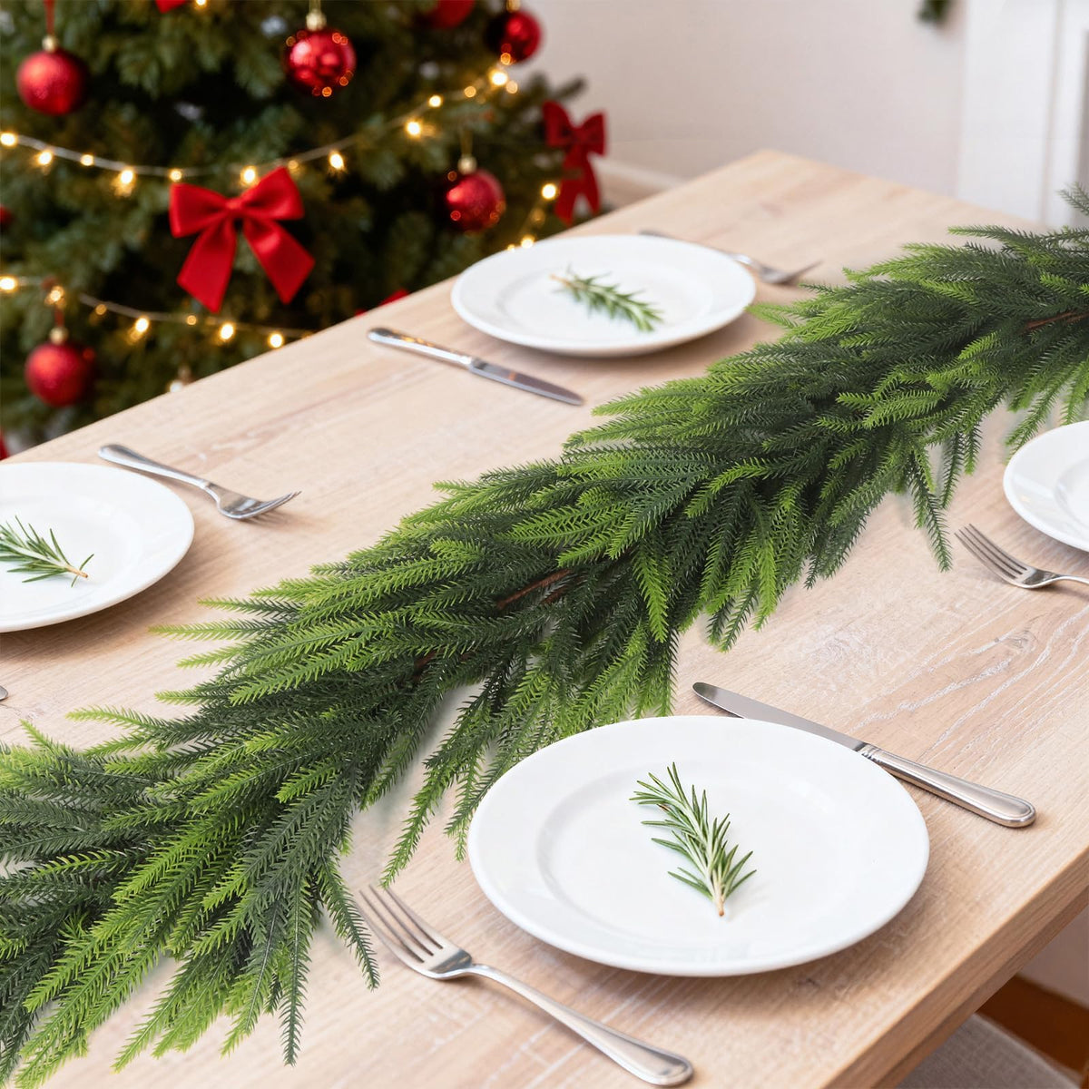 PABREY 2 Pcs 9 Ft Norfolk Pine Garlands, Artificial Real Touch Winter Christmas Green Greenery Garlands for Mantle, Fireplace, Table, Wall, Outdoor, Indoor Christmas Decorations (9 FT, 2)