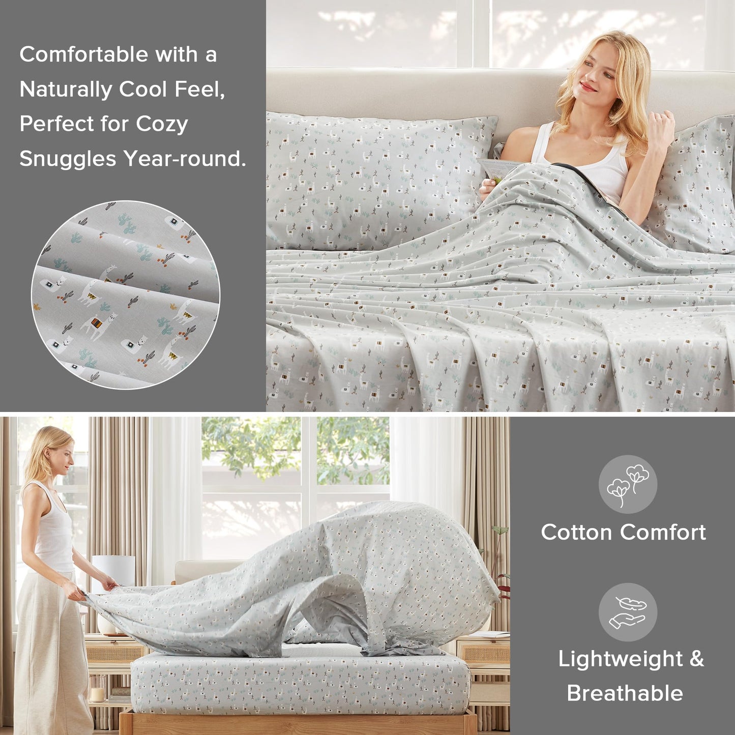 Comfort Spaces 100% Cotton Sheet Set Breathable, Lightweight, Soft with 14" Elastic Pocket Fits up to 16" Mattress, All Season Cozy Bedding, Matching Pillow Case, King Lama Multi 4 Piece