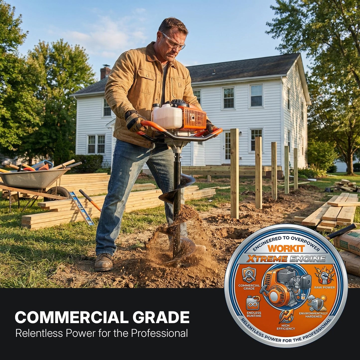 WORKIT 72CC Post Hole Digger, Auger Post Hole Digger Easy Start, 2-Cycle Xtreme Engine, Gas Powered Earth Auger with 6"+8" Auger Drill Bit, 20"+30" Extension Rods, EPA Certification