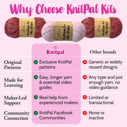 KnitPal Everyday Joy Knitting Kit – Make 4 Reusable Dishcloths for Confident Beginners – Cotton to The Core Yarn (#3 DK), Needles, Patterns & Video Tutorials (Cherry Red + Blush Pink)