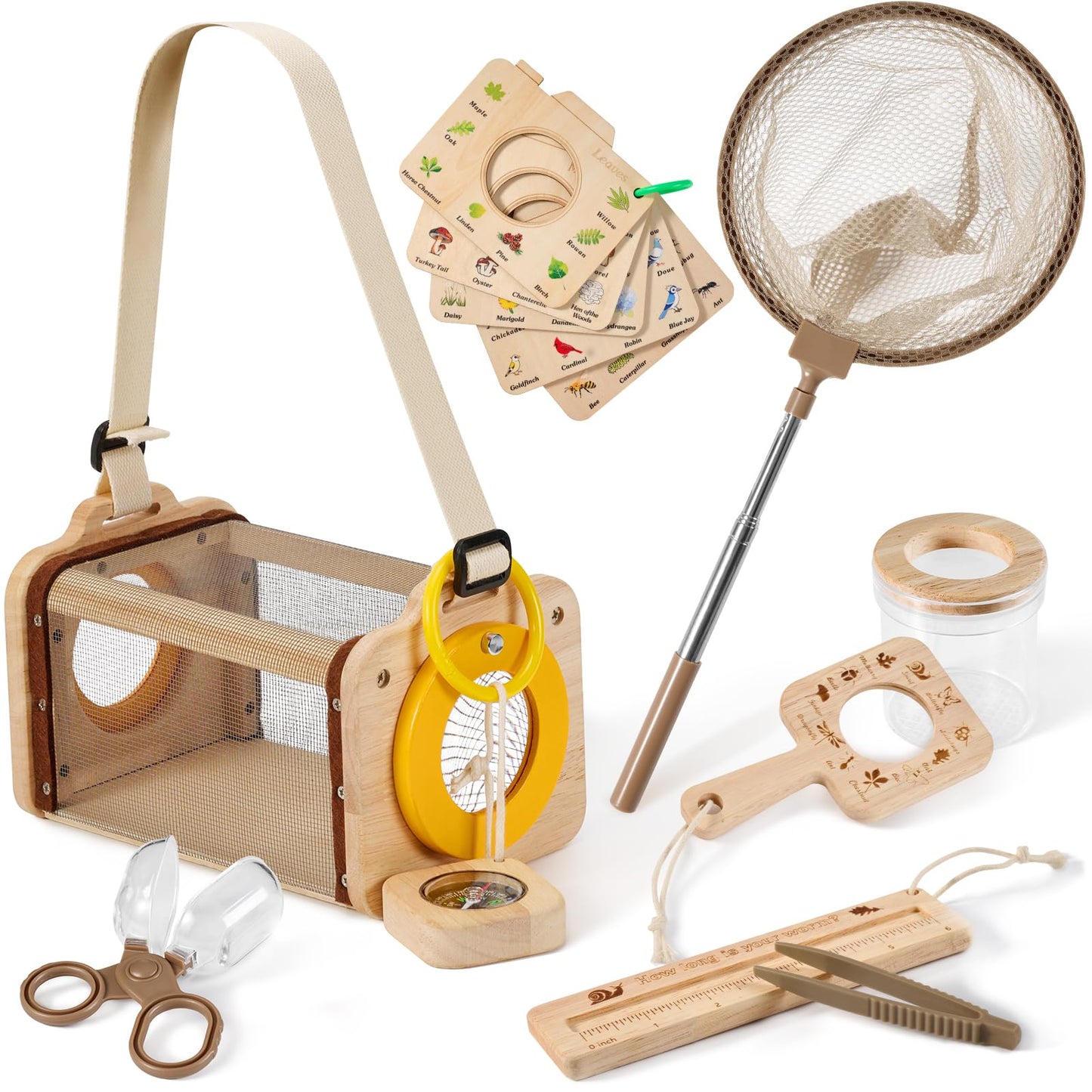 Wooden Bug Catcher Kit for Kids,10PCS Kids Bug Catching Kit with Bug Collector,Butterfly Net,Magnifying Glass,Toddler Bug Habitat Outdoor Explorer Kit Bug Collection,Nature Gift for Boys&Girls