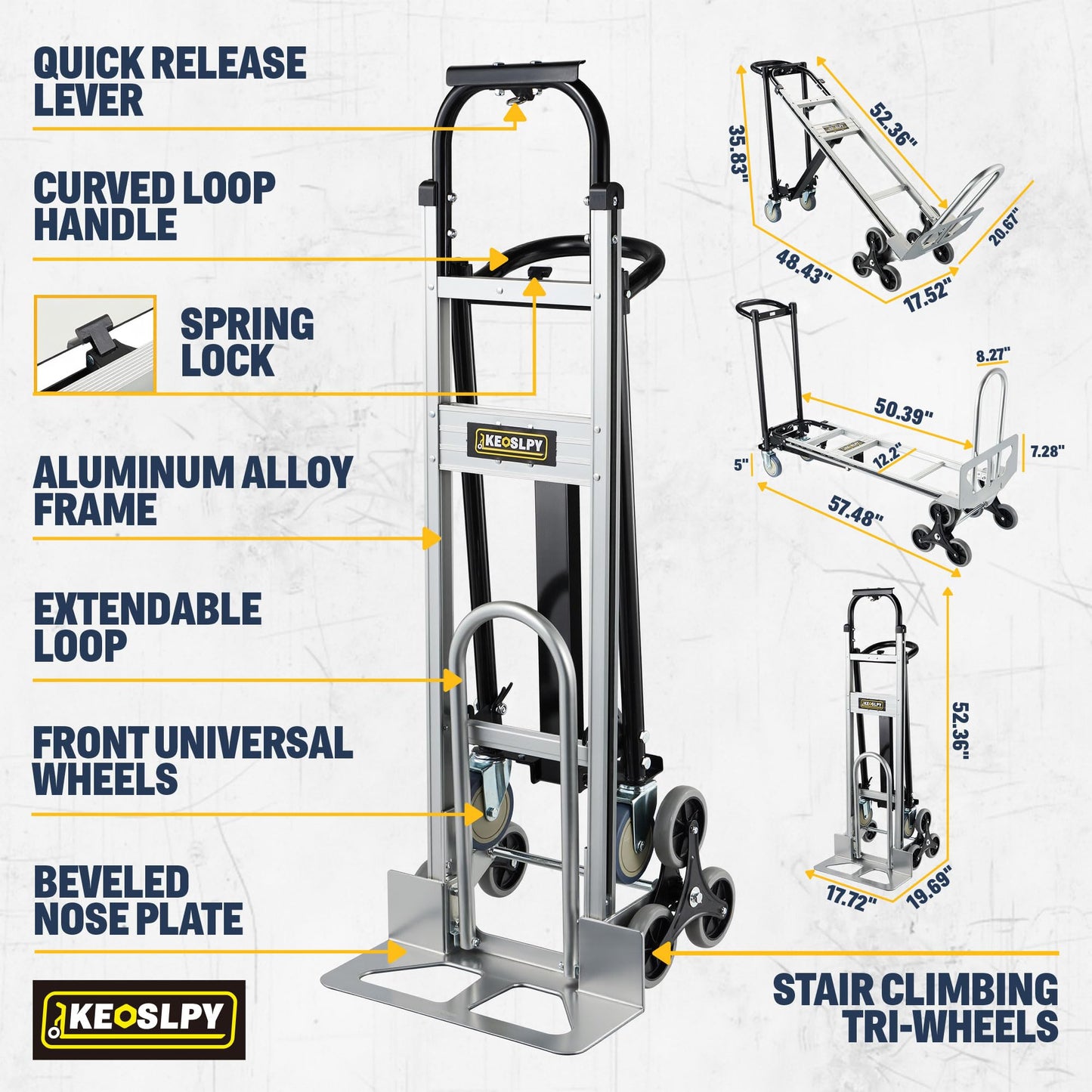 Keoslpy CSHT-2243B 3 in 1 Industrial Convertible Aluminum Hand Truck Dolly Cart, 1000 LBS Capacity, Heavy Duty Stair Climbing Utility Trolley Platform Cart with Wheels for Transport & Moving