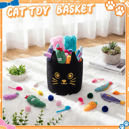 Leitee 20 Pcs Mother‘s Day Cat Storage Basket Gift Toys Bulk Set Cute Cotton Rope Basket, Fish Pillows Plush Balls Mice Toys Vegetable Cactus-Shaped for Pet Gifts, 9.8 Inch