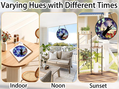 7.9" Stained Glass Window Hanging, Cute Black Cat & Wild Florals Suncatcher Diamond Glass Panel Hanging Home Decor Indoor Outdoor