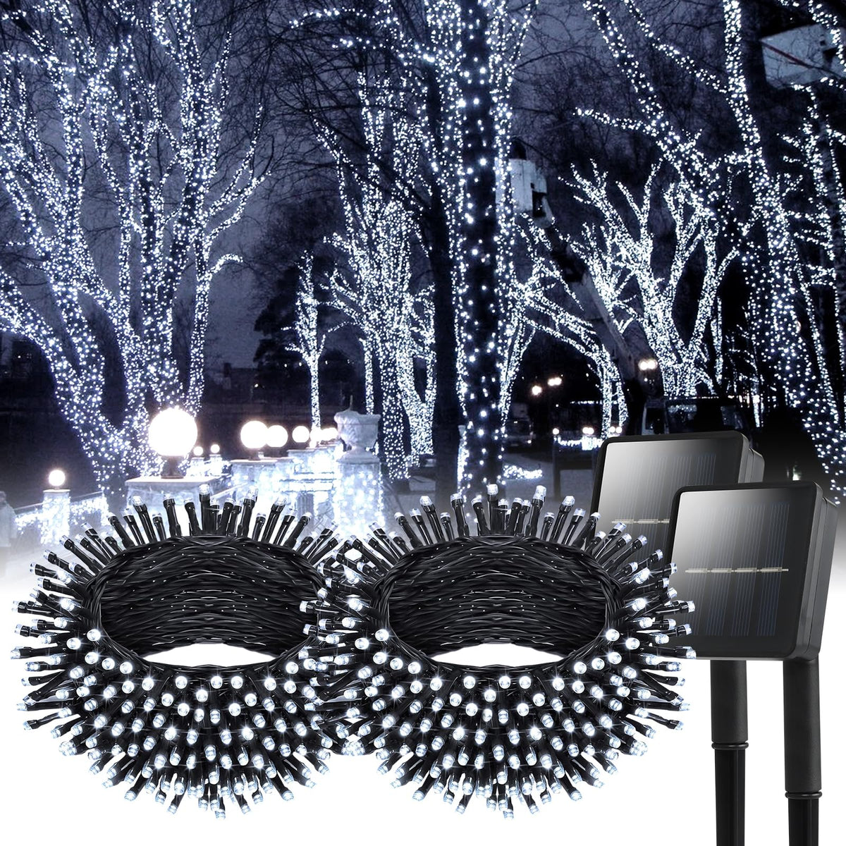 Dailyart Solar String Lights Outdoor, 2 Pack 200 Led Solar Fairy Lights for Outside Waterproof 145ft Cool White Solar Lights 8 Lighting Mode Solar String Lights for Outside,Garden,Courtyards,Trees
