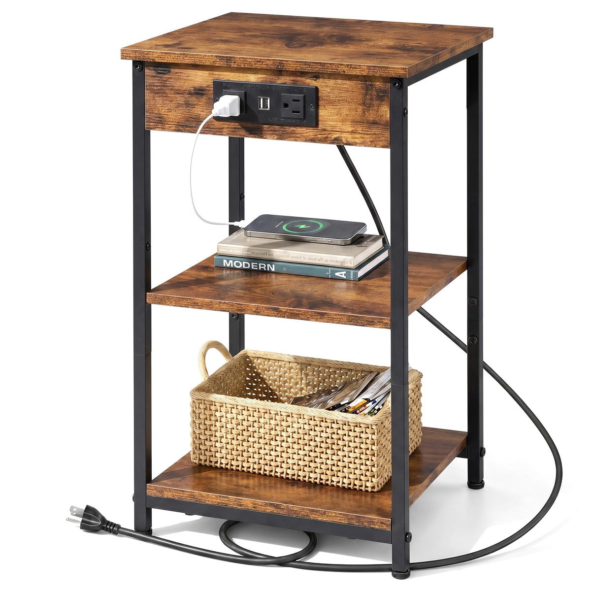 WLIVE End Table with Charging Station, Small Night Stand with Storage Adjustable Shelf, Side Tables for Small Spaces, Bedside Tables for Living Room, Bedroom, Rustic Brown