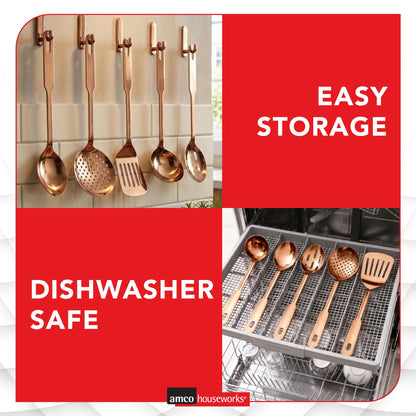 Amco 5-Piece Stainless Steel Cooking Utensil Set, Copper Finish - Includes Kitchen Ladle, Slotted Turner, Skimmer, Solid Spoons - 14" with Hanging Holes for Easy Storage, Durable Kitchen Gadgets
