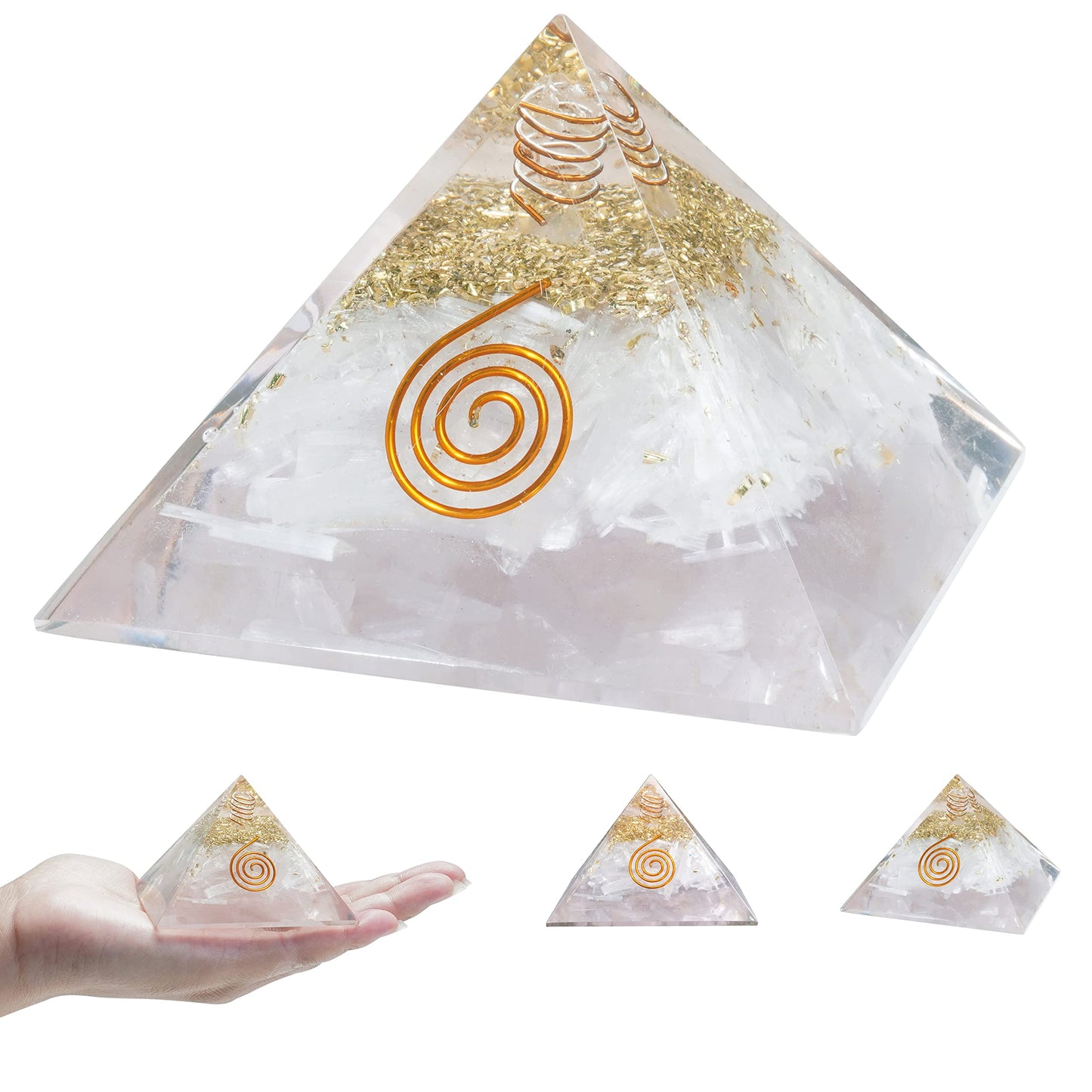 Crocon Selenite Orgone Pyramid Healing Crystals Stone Orgonite Gemstone Pyramid Stones Reiki Crystal Good Luck Charms Meditation Chakra Organite Home Decor Spiritual Gifts Size 2.5 Inch App.