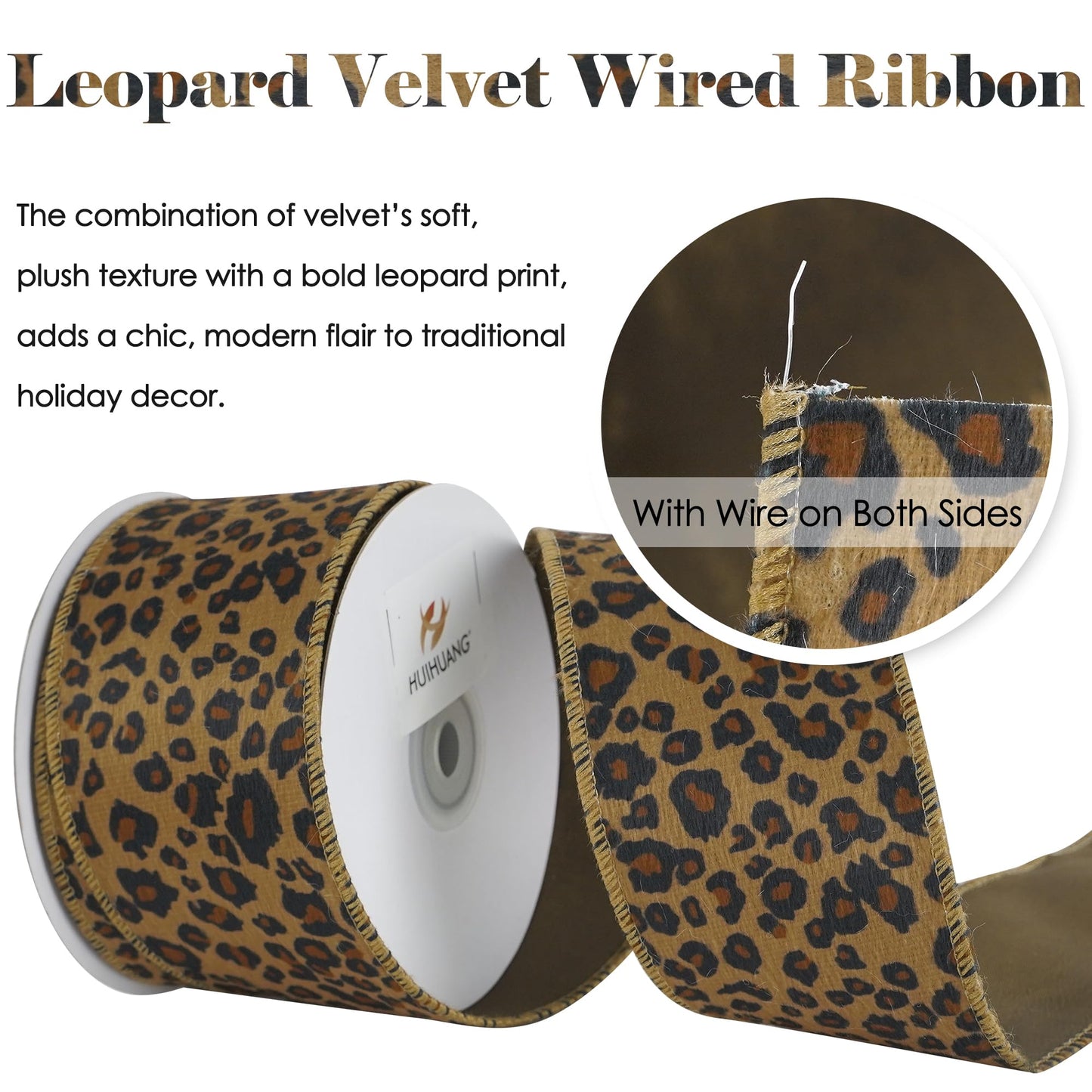 HUIHUANG Leopard Print Velvet Wired Ribbon 2.5 inch Animal Print Brown Velvet Ribbon for Christmas Tree, Bows Making, Wreaths, Garland, Crafting, Fall Decor-Continuous 10 Yards
