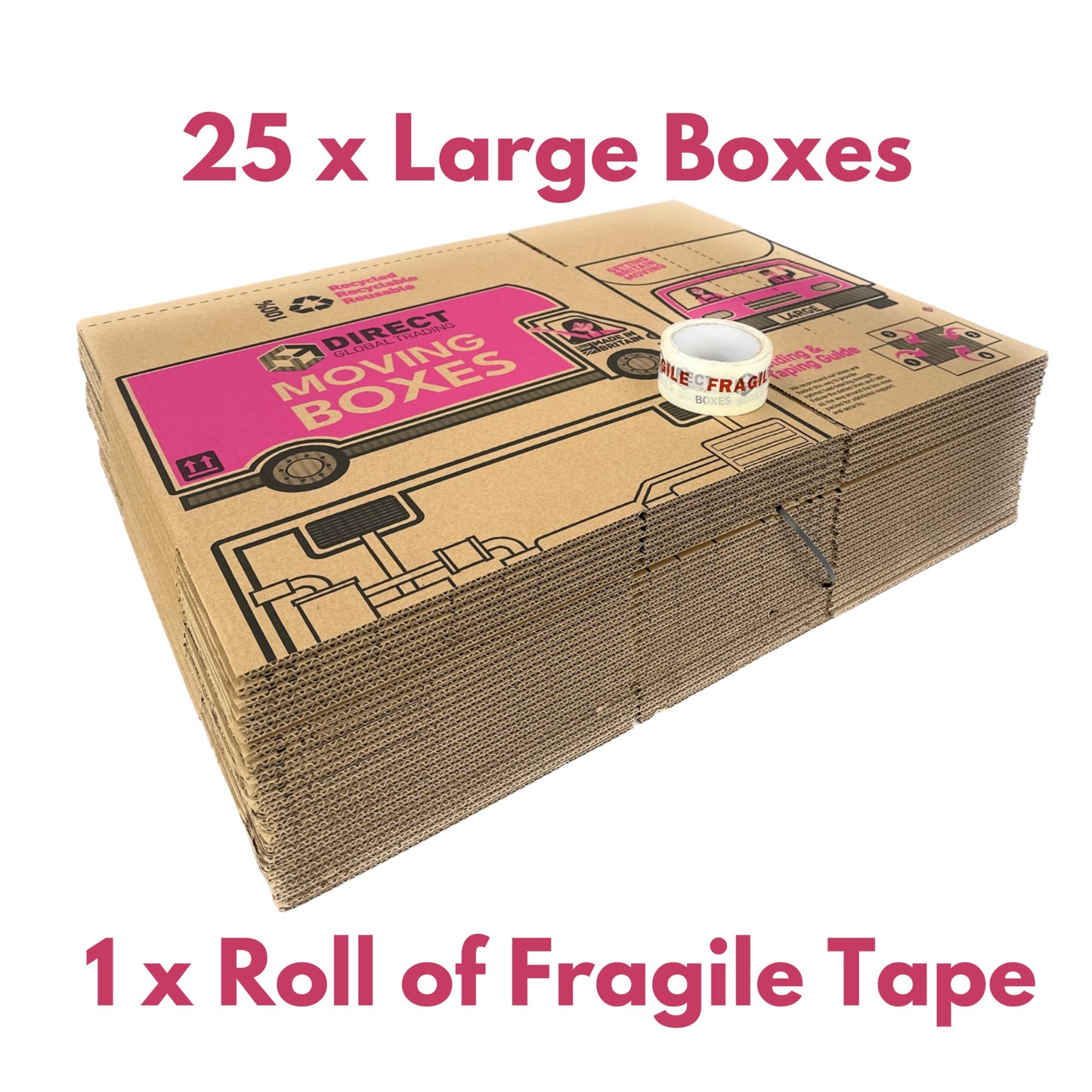 25 Strong Large Cardboard Storage Packing Moving House Boxes with Fragile Tape 52cm x 30cm x 30cm 47 Litres Carry Handles and Room List