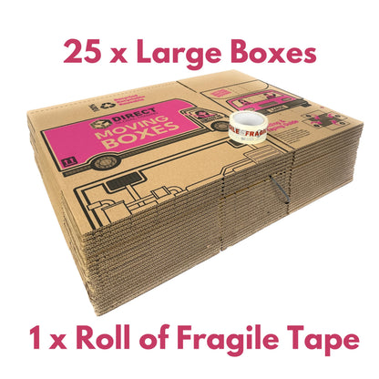 25 Strong Large Cardboard Storage Packing Moving House Boxes with Fragile Tape 52cm x 30cm x 30cm 47 Litres Carry Handles and Room List