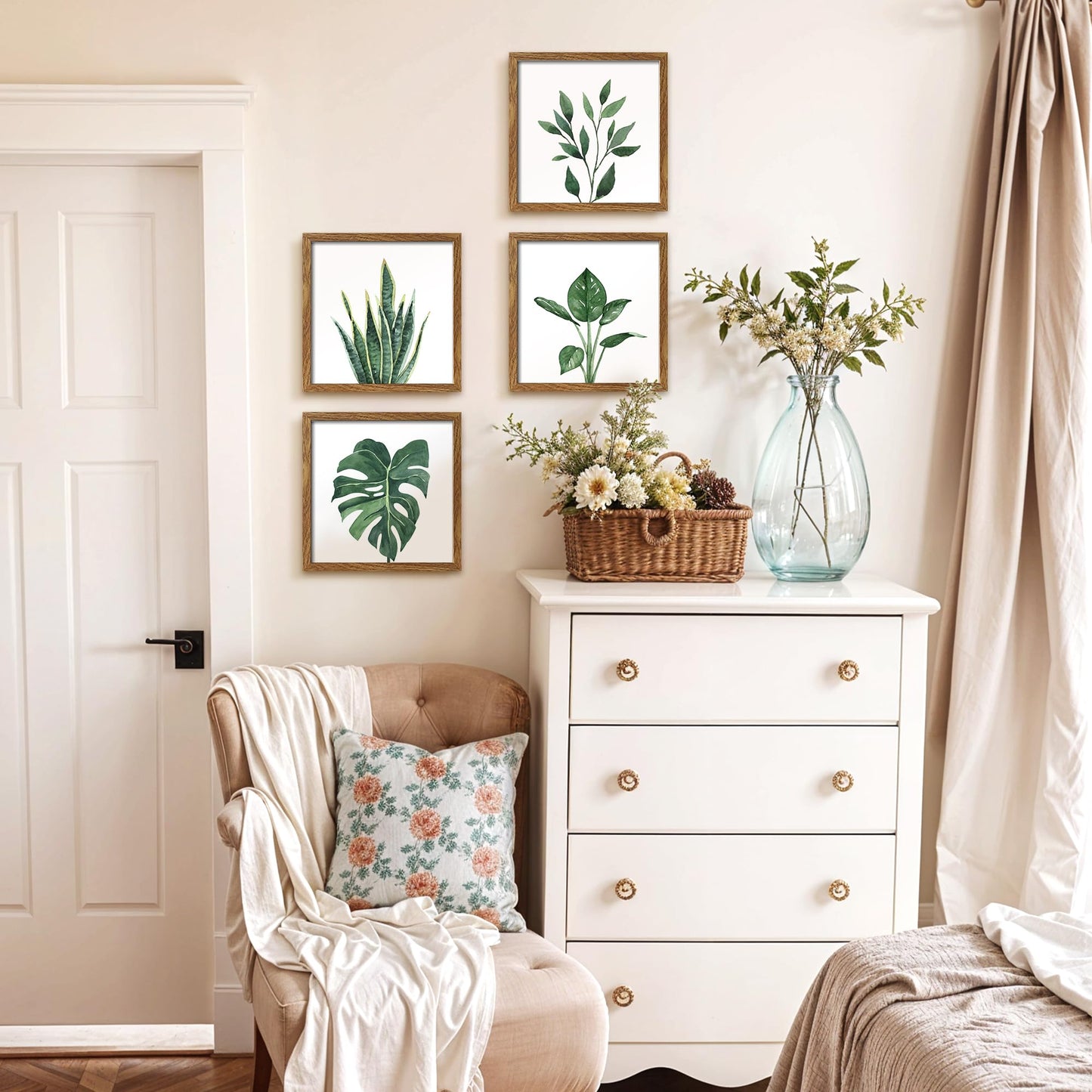 ArtbyHannah Framed Bathroom Wall Art Decor, 10x10 Inch 4 Pack Botanical Gallery Wall Frame Set Modern Farmhouse Sage Green Prints Artwork for Spa, Restroom, Bedroom, Office Decoration (Walnut)