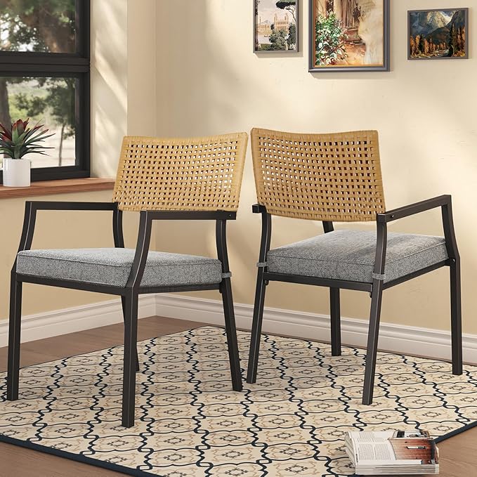 Grand Patio Outdoor Dining Chair Set of 2, 2-Piece Stackable Wicker Chairs with Cushions and Armrest for Restaurant, Garden, Porch, Lawn and Poolside