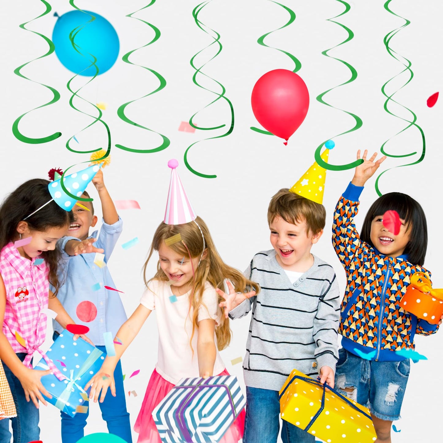 30 PCS Party Swirl Decorations Green Shinny Foil Hanging Swirl Decorations with Double-Swirls and Single-Swirls Plastic Streamer for Ceiling Plastic Metallic Streamer for Party Decorations