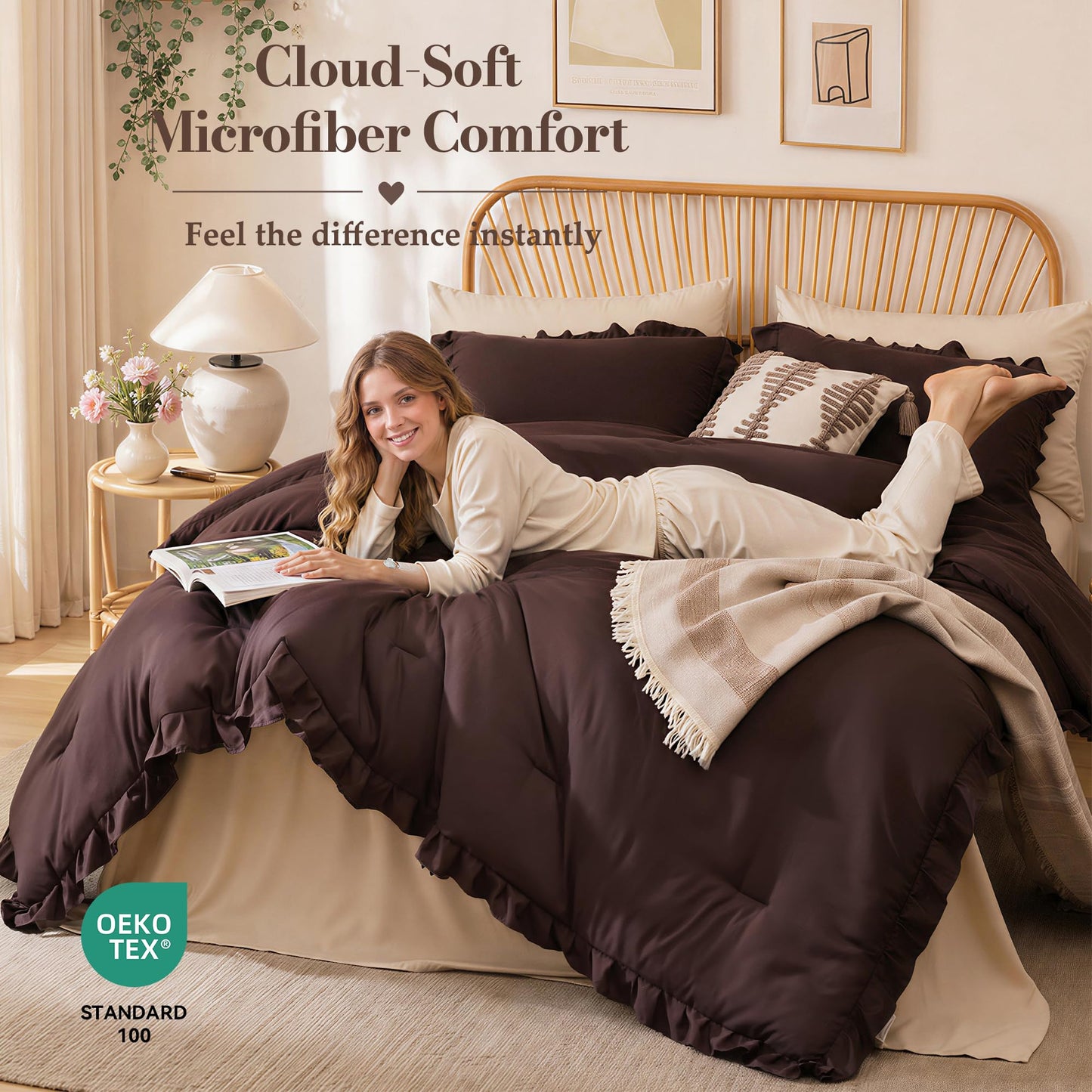 JANZAA Brown Comforter Set Queen – Soft Microfiber, Lightweight All Season Bedding, Ruffle Shabby Chic Aesthetic, Breathable Cozy Bed Set with 2 Pillow Shams, Machine Washable