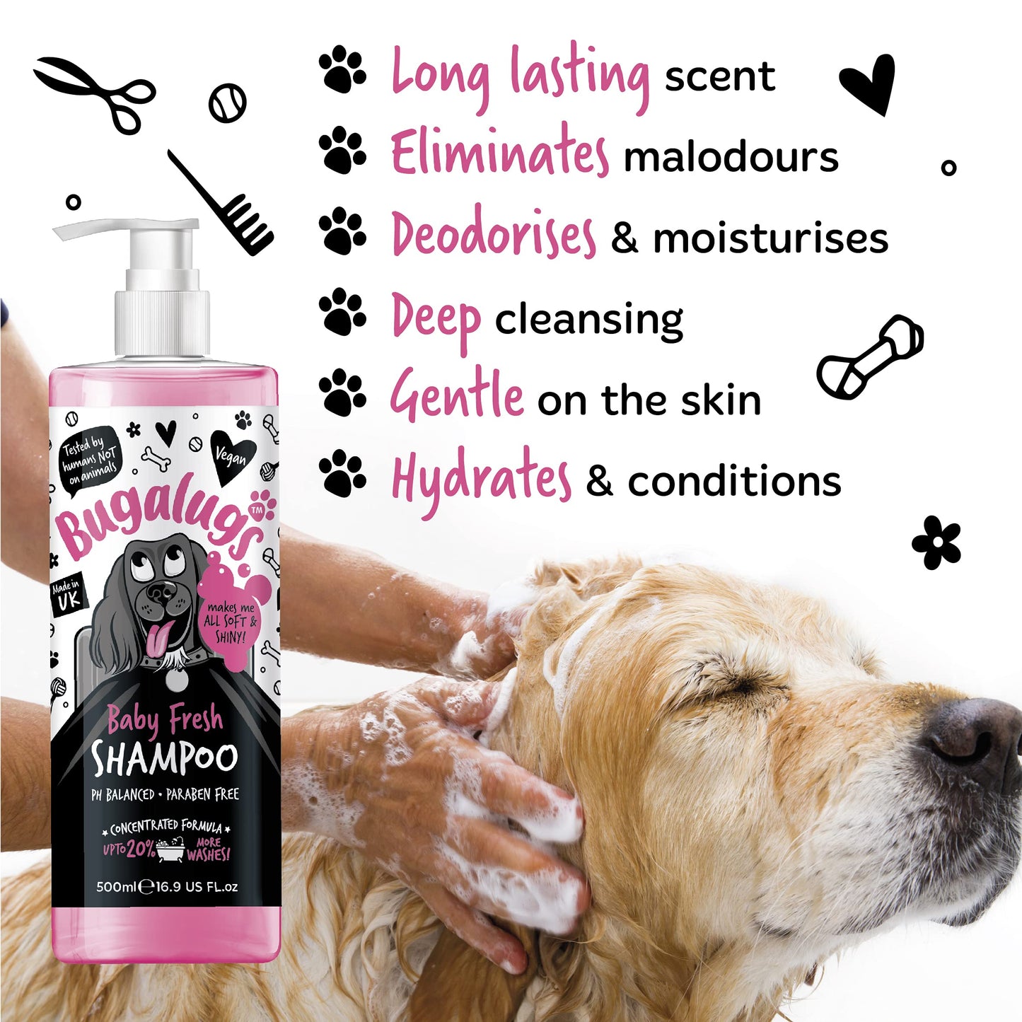 BUGALUGS Baby Fresh Dog Shampoo 16.85 FL Oz - Grooming Product for Smelly Dogs with Baby Powder Scent - Best Puppy Shampoo, Conditioner, Vegan and Professional Pet Shampoo