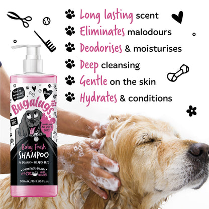BUGALUGS Baby Fresh Dog Shampoo 16.85 FL Oz - Grooming Product for Smelly Dogs with Baby Powder Scent - Best Puppy Shampoo, Conditioner, Vegan and Professional Pet Shampoo