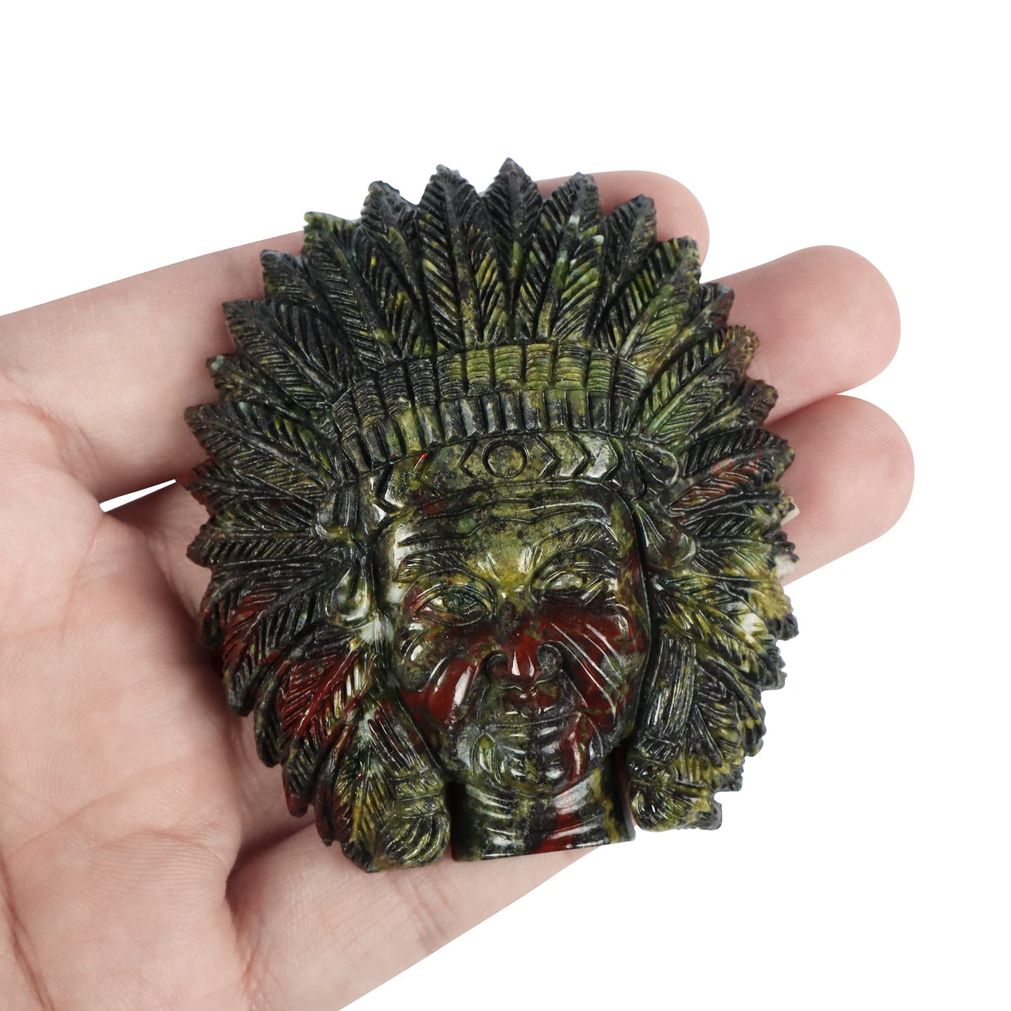 SMQ 2.5" Dragon Bloodstone Crystal Indian Head Figurines Hand Carved Gemstone Chief Bust Statue Collectable Reiki Healing Stones Ornament for Halloween, Office, Home Decor
