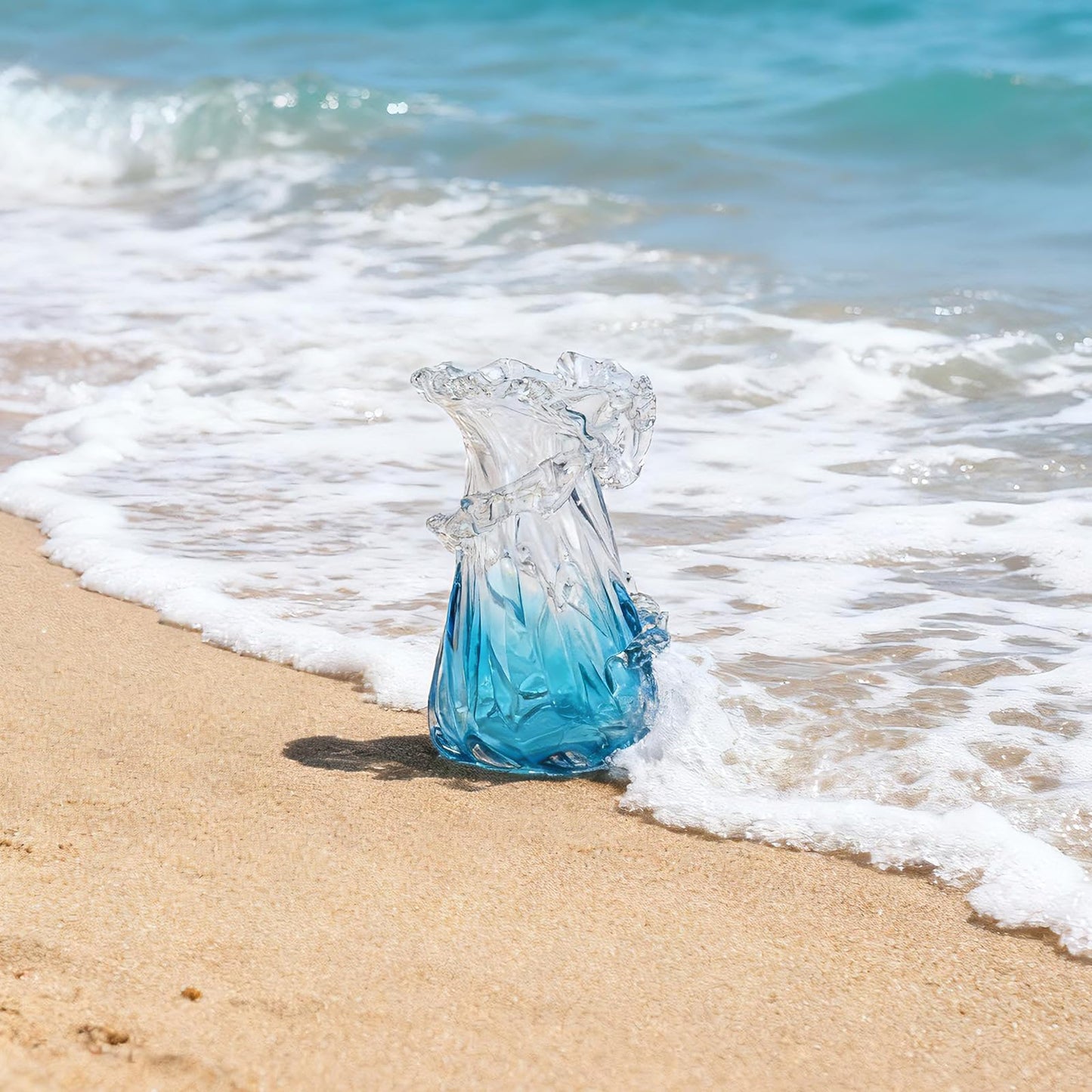 oliruim Blown Blue Glass Vase, Unique Ocean Wave Artistic Glass Centerpiece for Coastal Home Decor, Coffee Table, Living Room Console Table, Fireplace Mantel (Small)