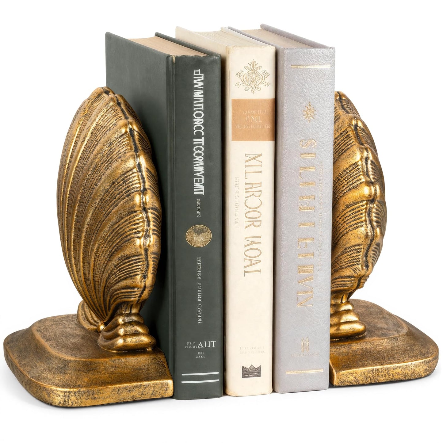 MXARLTR Decorative Shell Bookends, Coastal Nautical Book Ends for Shelves Desk, Resin Seashell Book Ends for Home Office Living Room Beach Decor (Gold)