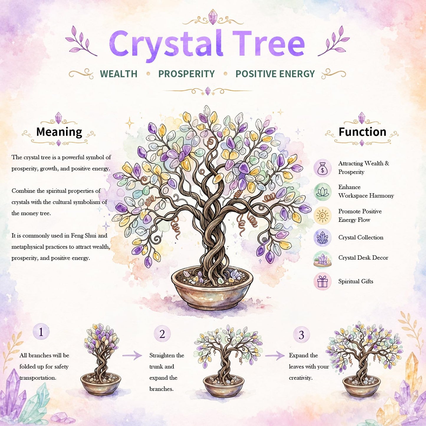 mookaitedecor Amethyst Crystal Tree, Quartz Cluster Rainbow Titanium Crystals Base Bonsai Money Tree for Wealth and Luck