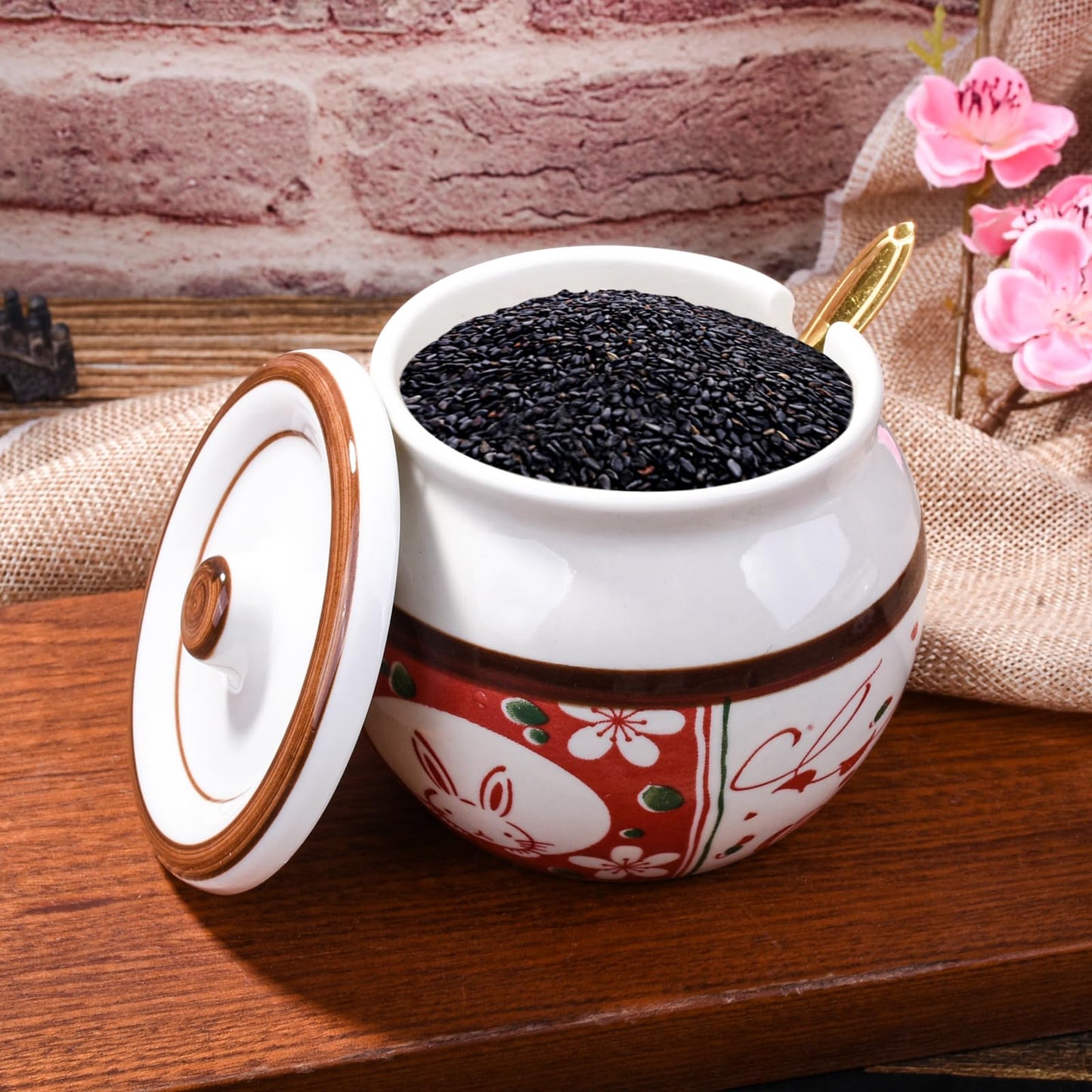 Cerficer Japanese Style Ceramic Sugar Bowl with Lid and Spoon, 4.3-Inch Hand-Painted Decorative Condiment Jar for Salt, Spices, and Seasonings, Microwave and Dishwasher Safe Kitchen Countertop Storage